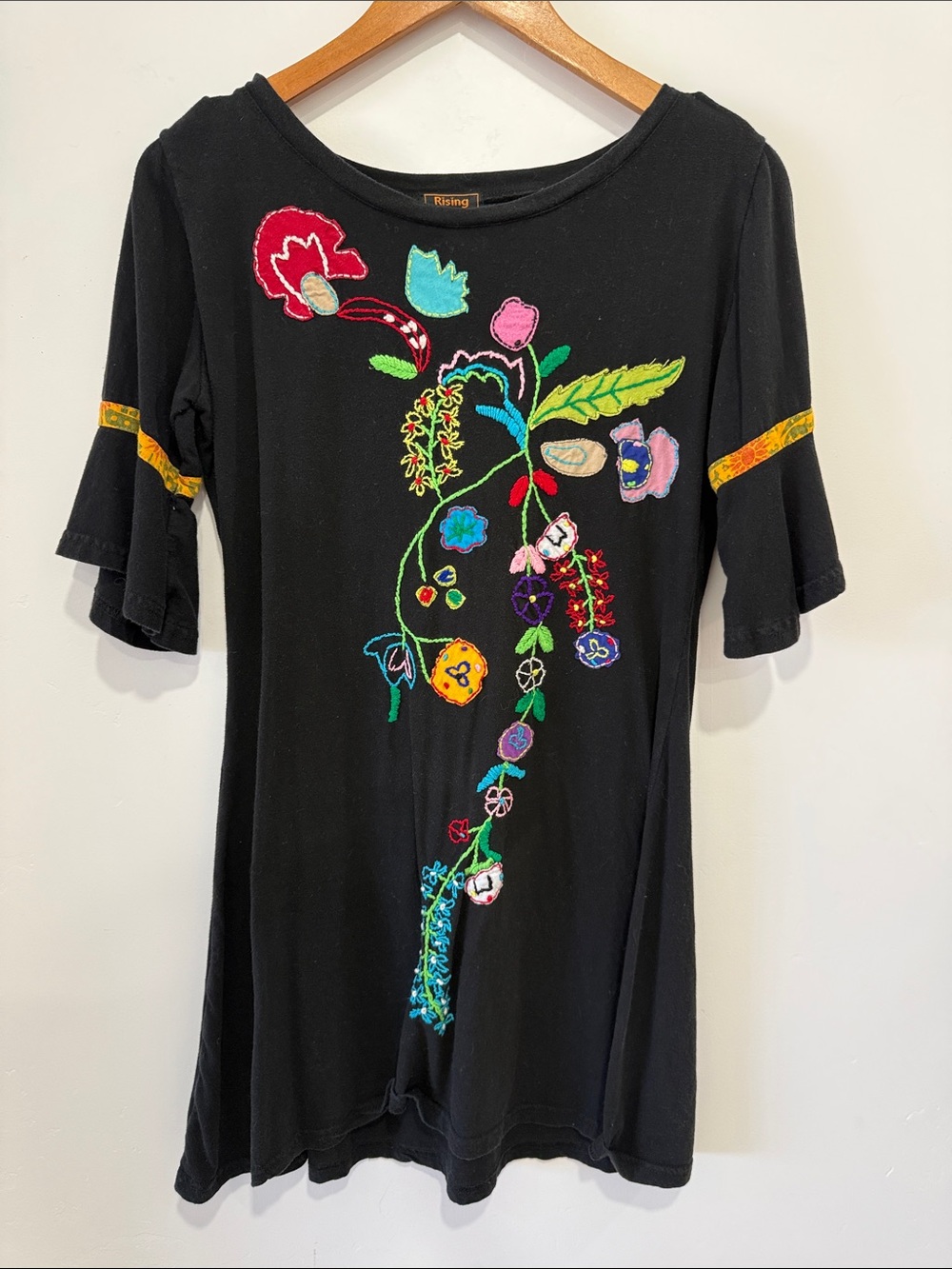 Rising International Y2K Black Tunic with Colorful Floral Appliqué & Embroidery